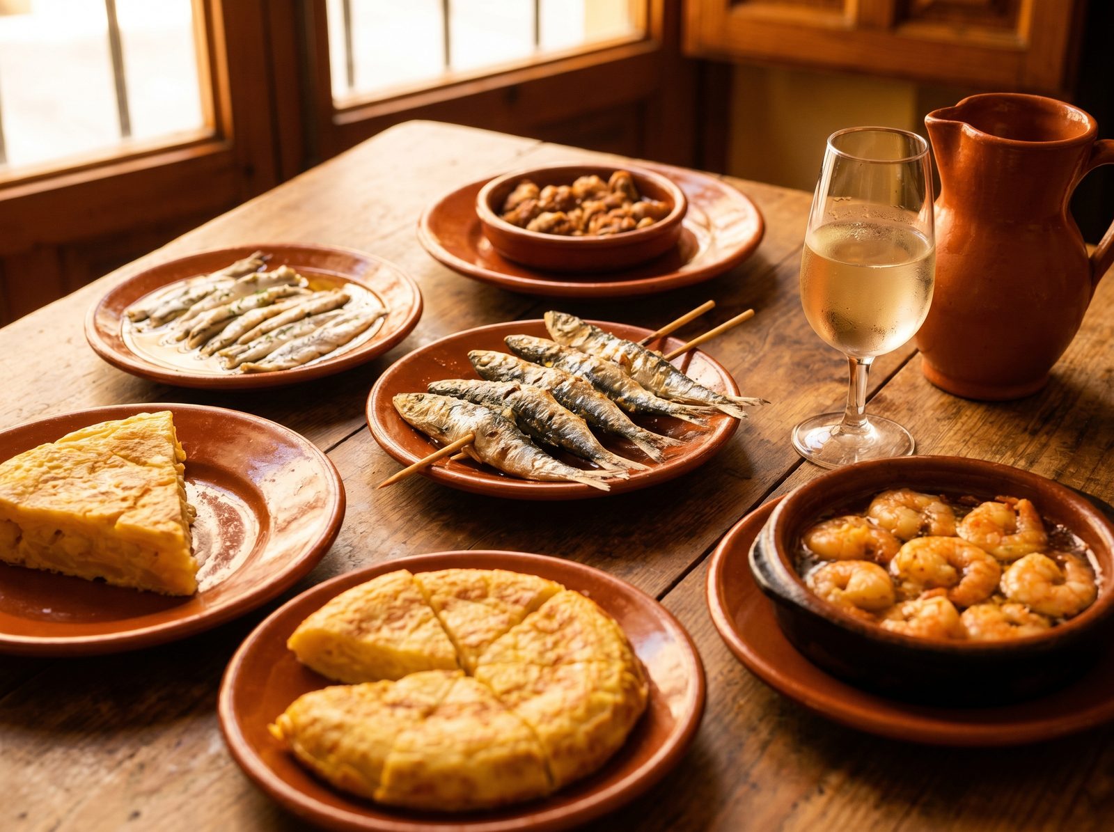 Authentic Málaga tapas on a rustic wooden table — espetos, anchovies and fino sherry