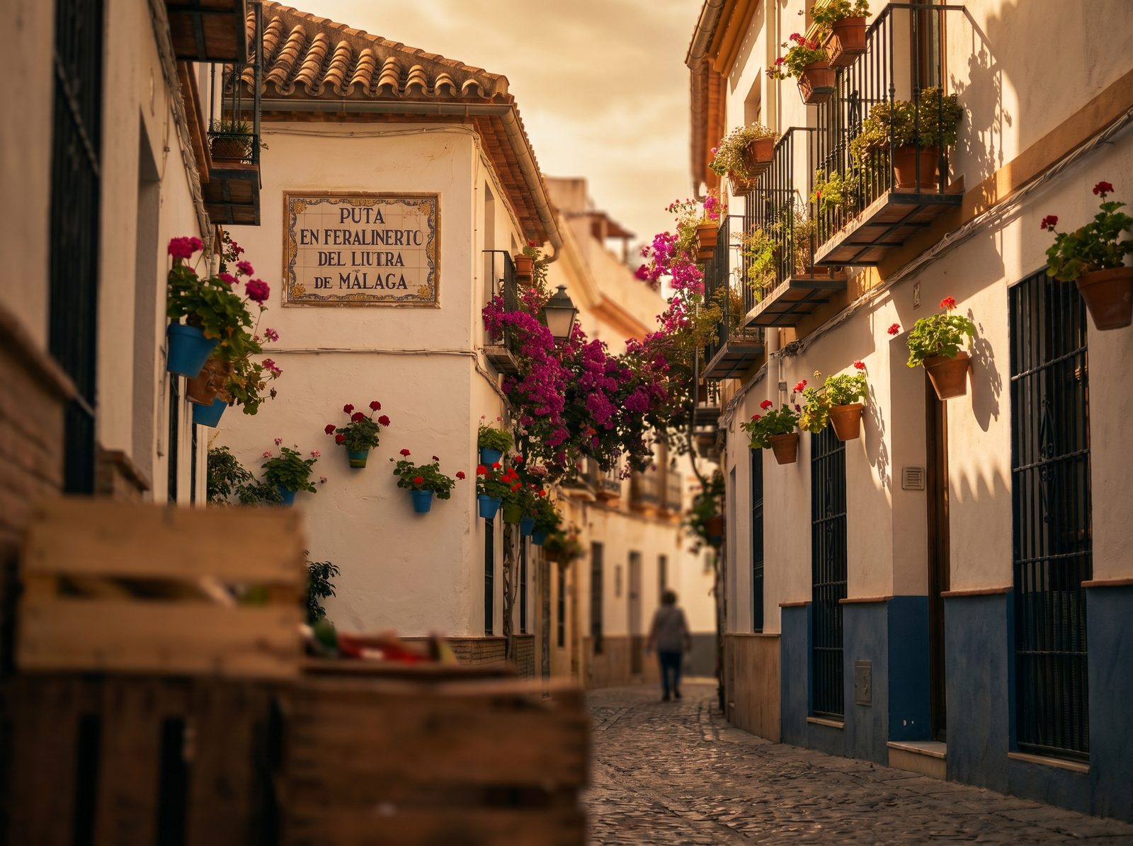 Sunlit cobbled alley in Málaga old town with bougainvillea