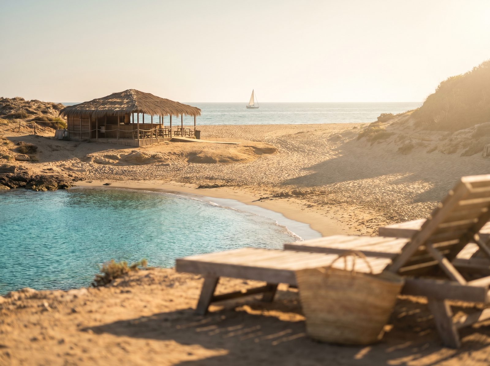 Secluded beach cove near Málaga at golden hour